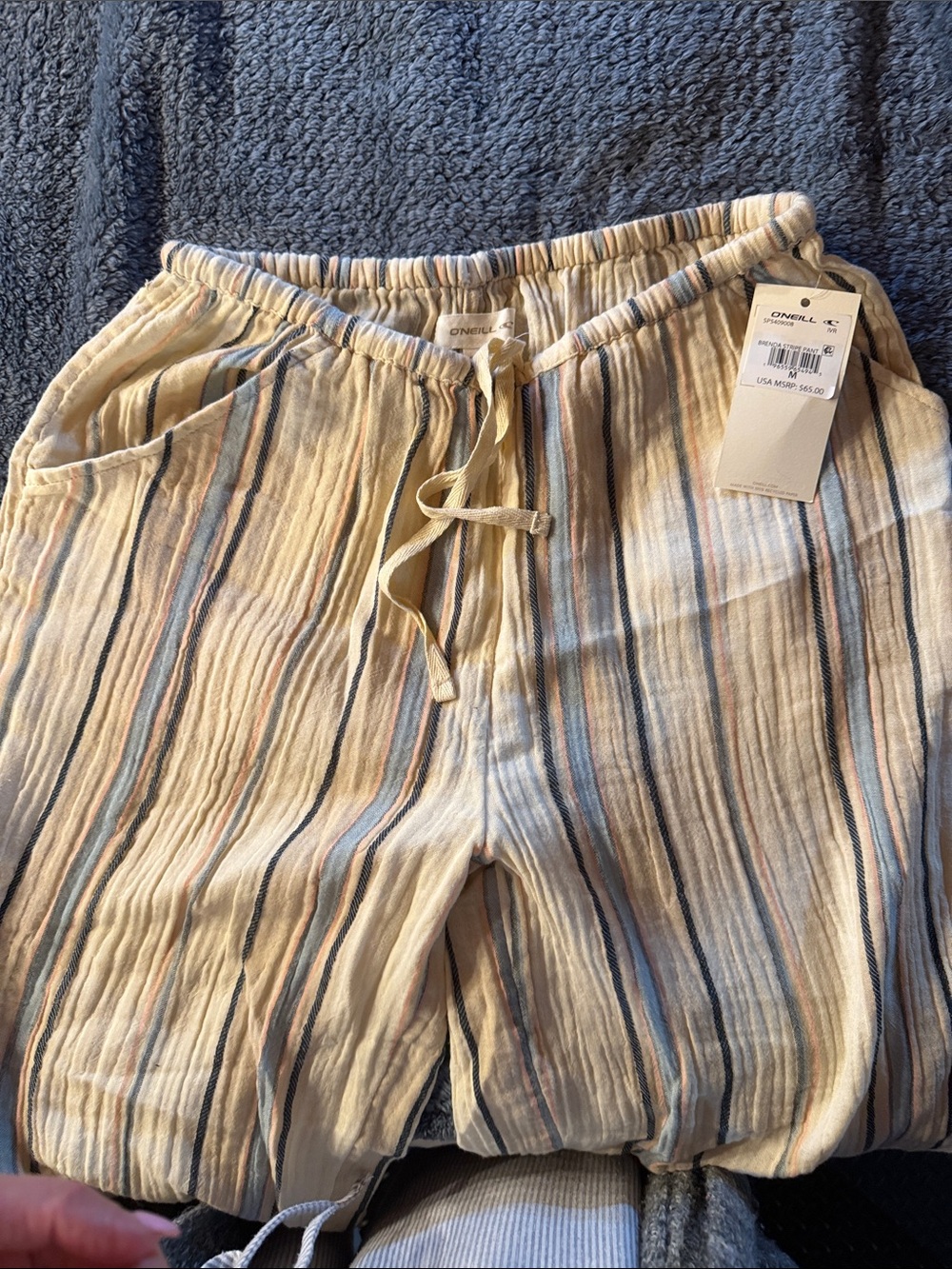 O'Neill M Cream Striped Drawstring Beach Lounge Pants with Blue & Tan Accents